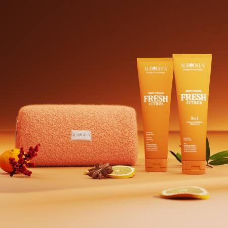 Aurodhea "Fresh Citrus" Set - Body Scrub & Cream with HYDRACORE™ + Teddy Pouch